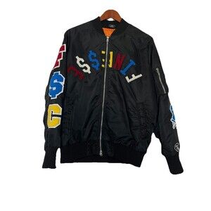 Fly Supply Men's Medium Embroidered Patch Zip Up Bomber Jacket Black "finesse"
